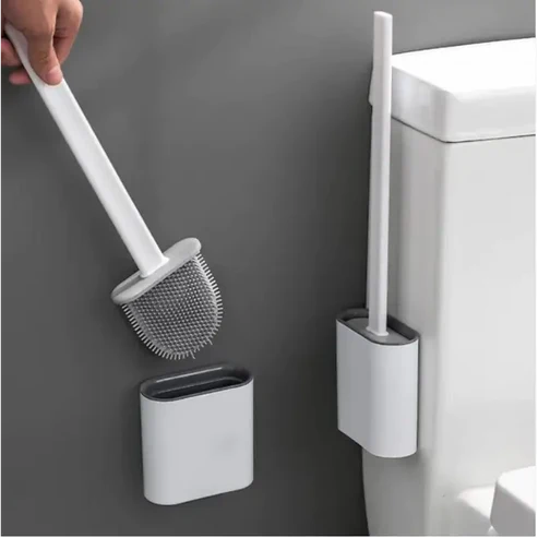 Silicone Toilet Brush with Long Handle & Wall-Mount – Modern & Hygienic